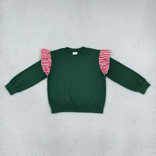 RTS GT1850 toddler girl clothes green  solid long sleeve ruffle top winter shirt christmas clothes