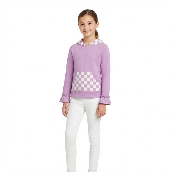 RTS GT1852 baby girl clothes checkered print long sleeve hooded top