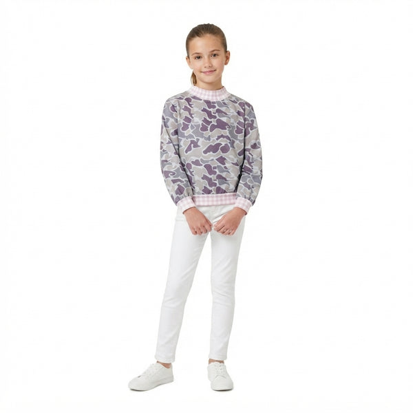RTS GT1873 toddler girl clothes camouflag mock neck  long sleeve plaid trim top winter shirt top