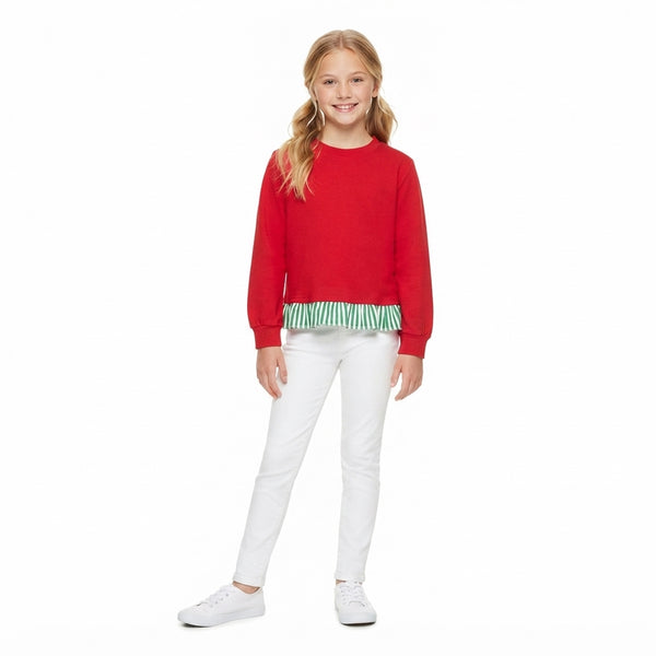 RTS GT1935 toddler girl clothes solid red long sleeve ruffle hem top
