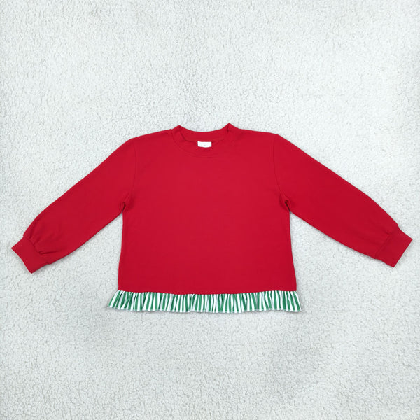 RTS GT1935 toddler girl clothes solid red long sleeve ruffle hem top