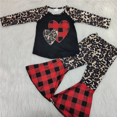 6 A12-27 girl valentines day heart leopard red plaid winter long sleeve set-promotion 2024.1.13 $5.5