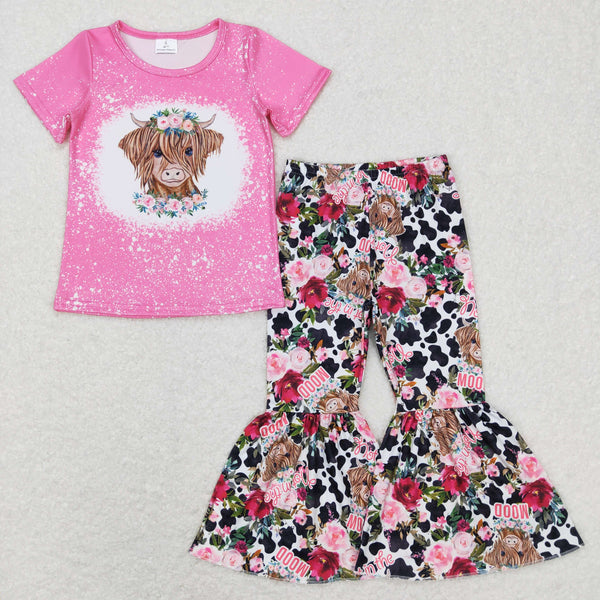 GSPO1024 baby girl clothes highland cow floral toddler girl bell bottom set