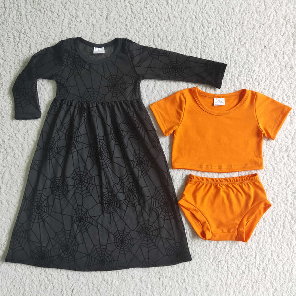 GBO0060 girl halloween orange bummies set (bummies set+black dress)