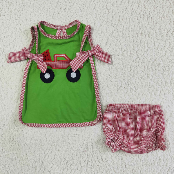 GBO0048 girl bow green emboridery truck bummies set