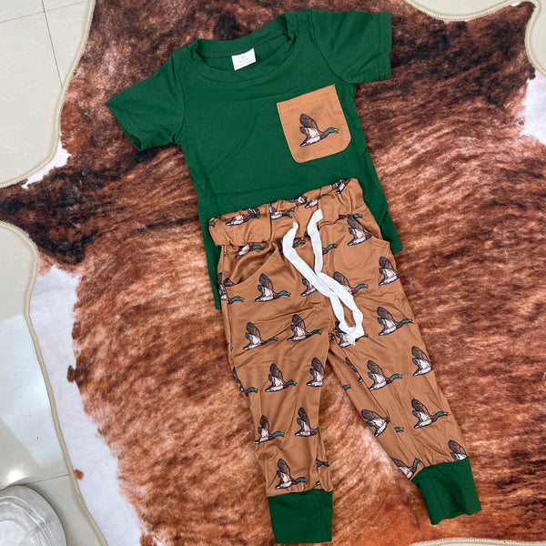 BSPO0155 RTS baby boy clothes green pocket mallard duck boy fall spring set