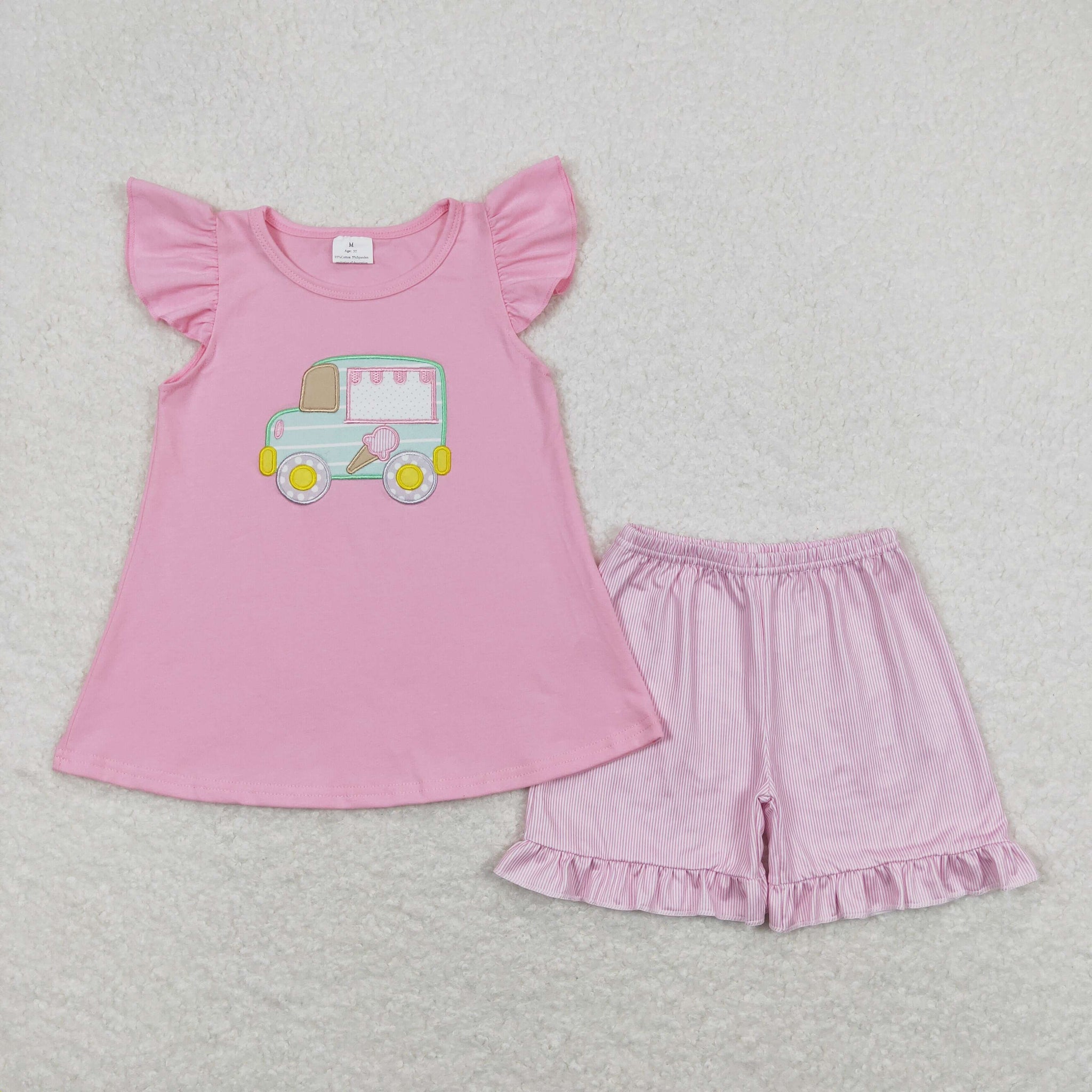 GSSO0508 RTS baby girl clothes embroidery girl ice cream bus car summer outfits