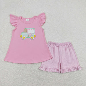 GSSO0508 RTS baby girl clothes embroidery girl ice cream bus car summer outfits