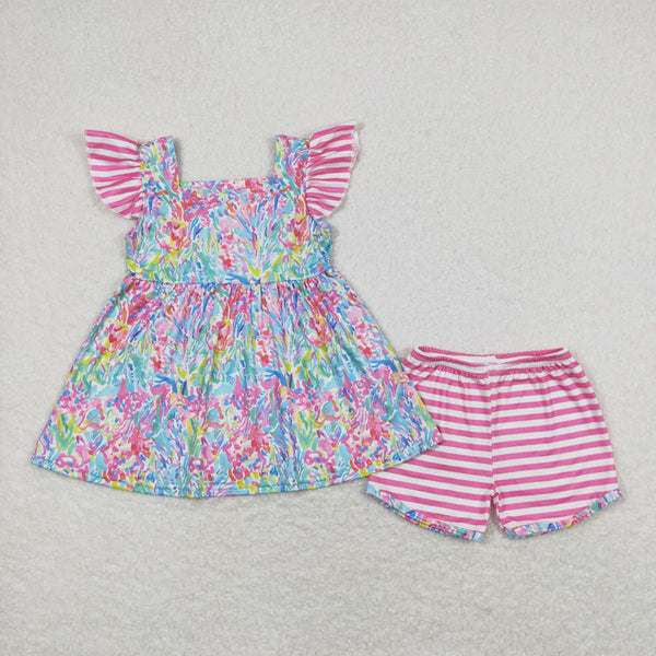 GSSO0937 RTS baby girl clothes pink floral toddler girl summer outfit