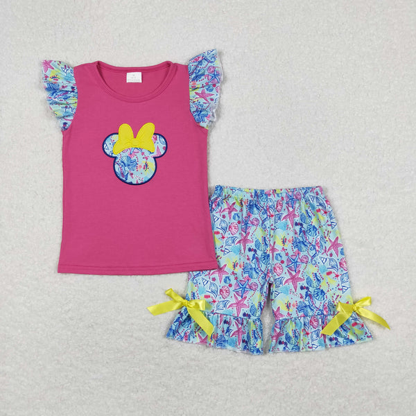 GSSO0629 RTS baby girl clothes embroidery seahorse cartoon mouse toddler girl summer outfit