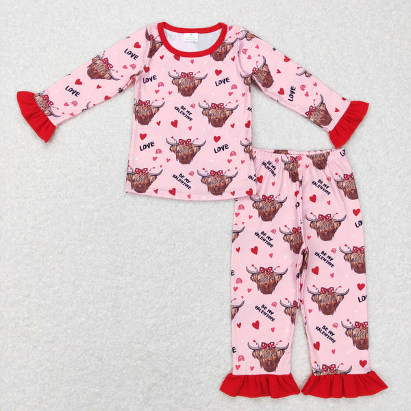 GLP0998 baby girl clothes highland cow love be my valentine girl valentines day pajamas set