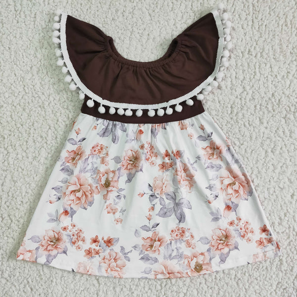 GSD0023 kids clothing brown pompom flower summer dress--promotion 2024.6.29 $2.99