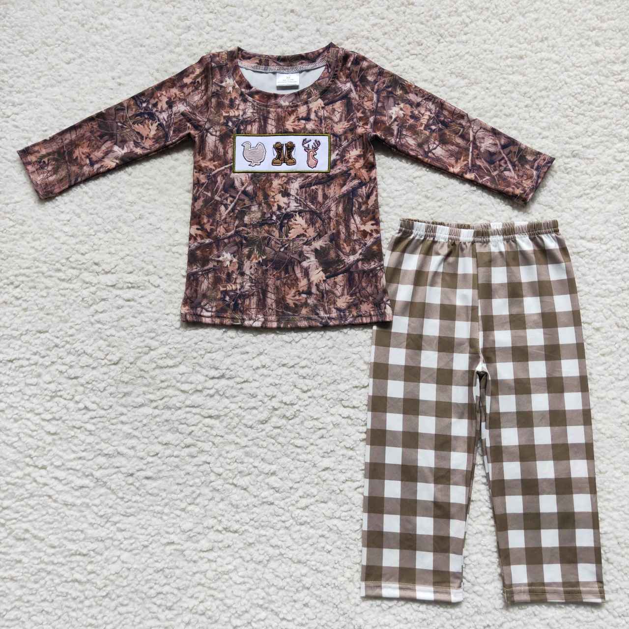 BLP0266 RTS  toddler boy clothes camo hunting embroidery boy winter pajamas set