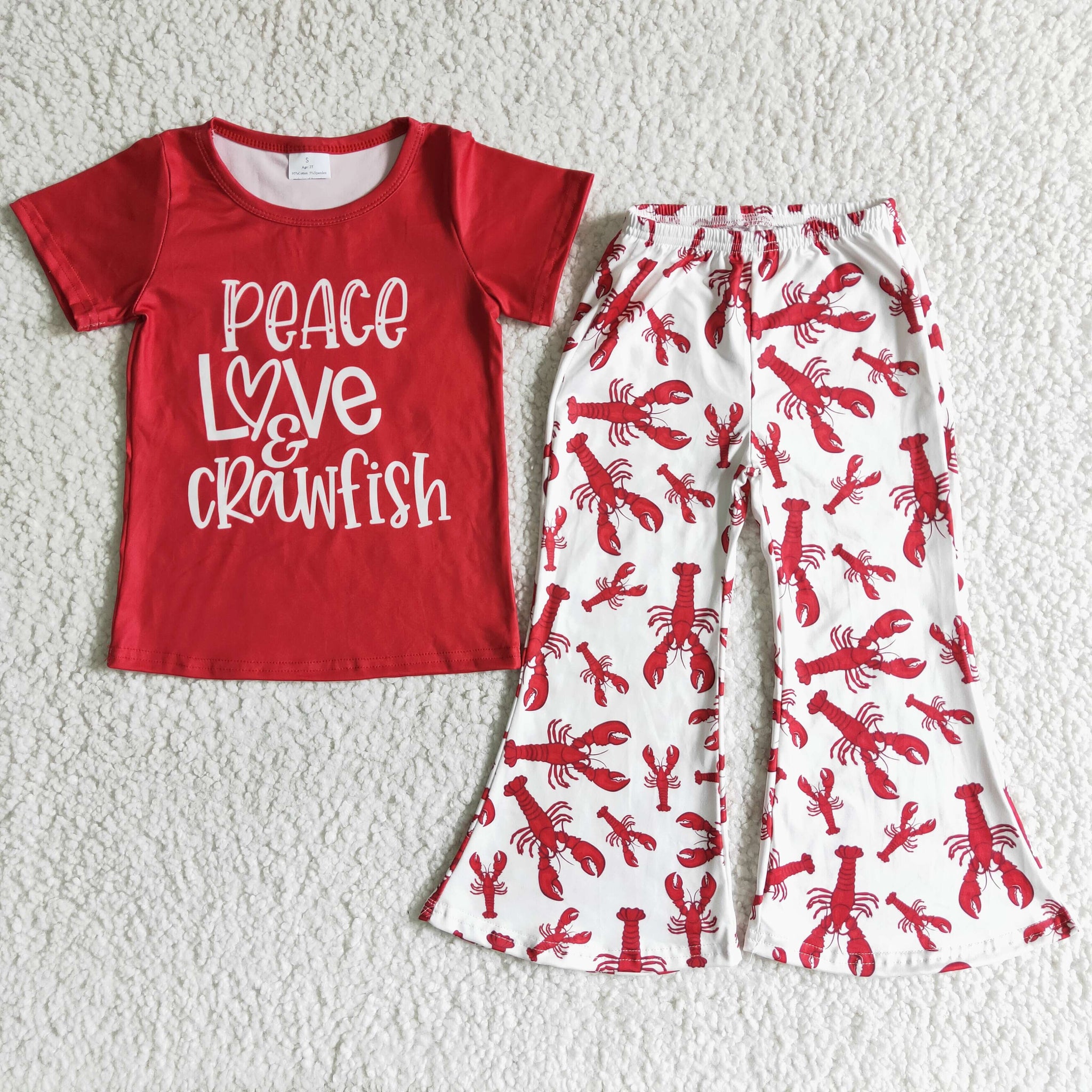 B16-25 kids clothing red peace love crawfish fall spring short sleeve set--promotion 2025.2.22 $2.99