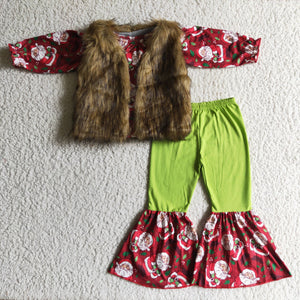 brown fur vest red cartoon christmas outfits baby girl clothes 4