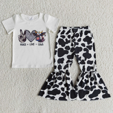 girl clothes cow farm peace short sleeve  spring fall set