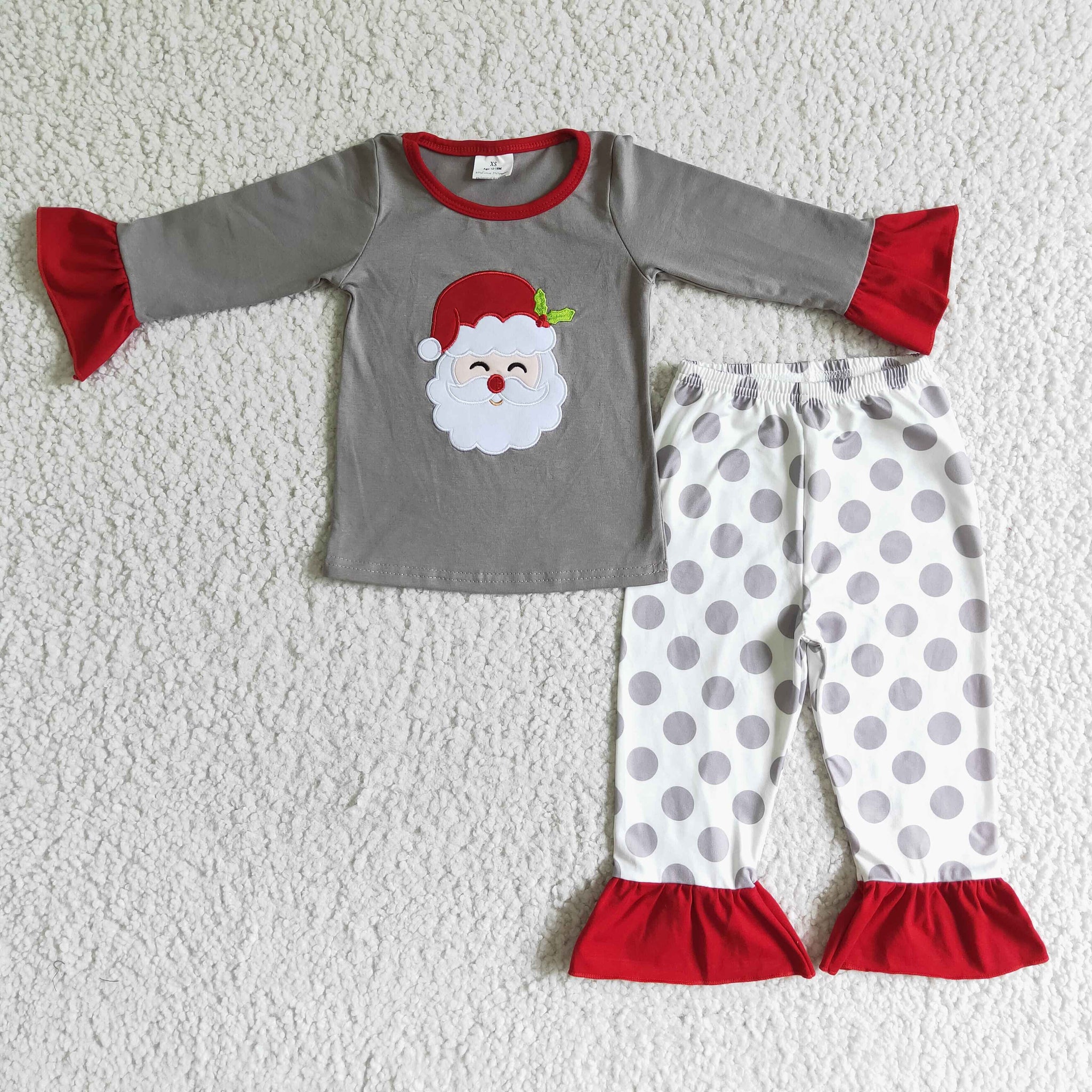 Girl Santa Claus Emboridery red grey dot pajamas christmas outfit