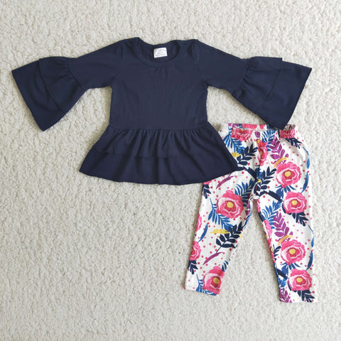 6 A26-18 RTS girls navy ruffles flower floral winter long sleeve set-promotion 2024.8.31 $2.99