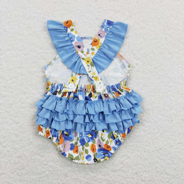 SR0824 USA warehouse 25.5.15 girl clothes blue floral girl flower blue romper toddler summer bubble