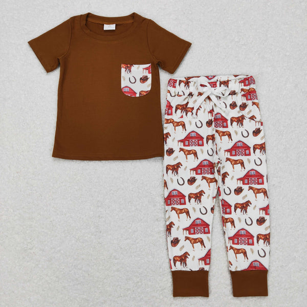BSPO0207 baby boy clothes brown horse  boy farm horse outfit