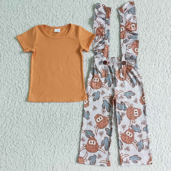 GSPO0096 girl orange cow shirt + overalls set