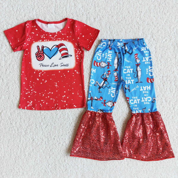 E13-27 girl clothes red cartoon short sleeve bell bottom sequin set