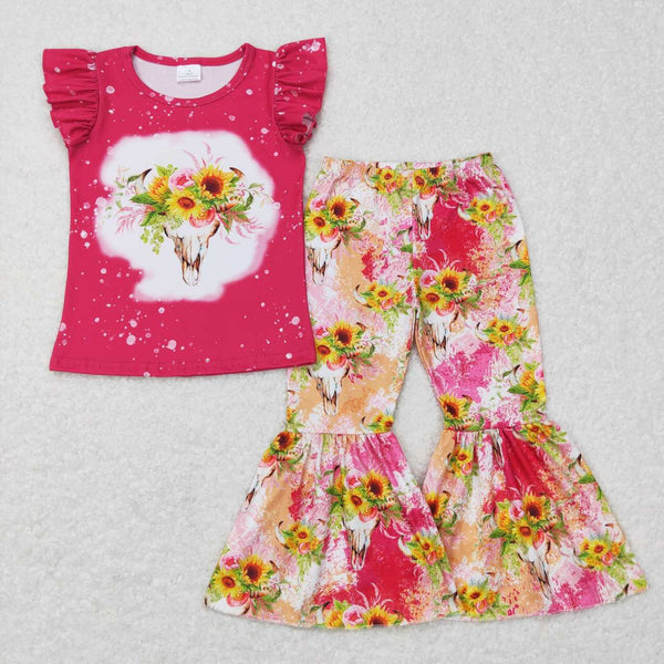 GSPO0913 toddler girl clothes cow sunflower girl bell bottom outfit