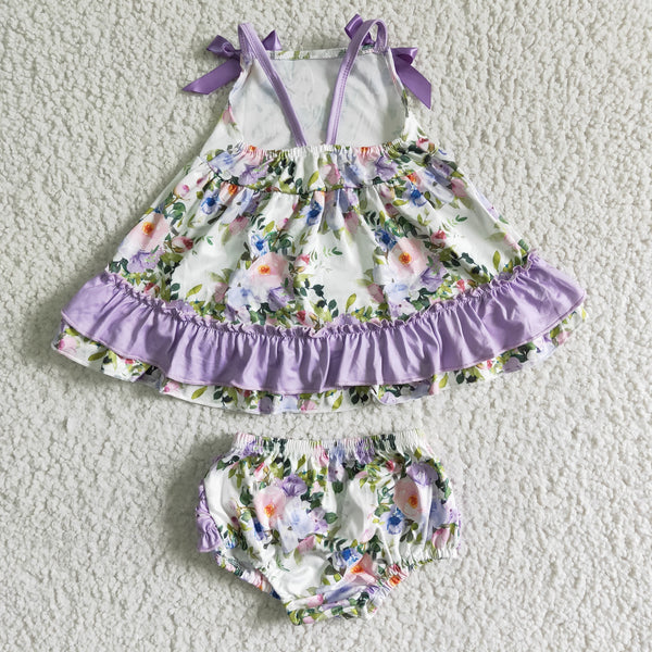 GBO0038 girl summer purple floral bummies set