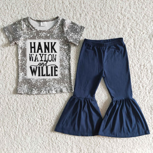 E6-13 girl  hank waylon and willie navy pants short sleeve spring fall set-promotion 6.1 $2.99