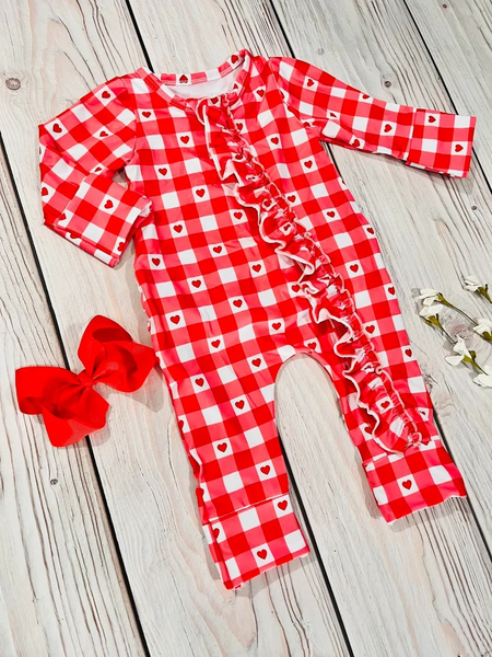 LR0832 baby gril clothes red plaid heart zipper girl valentines day romper 1