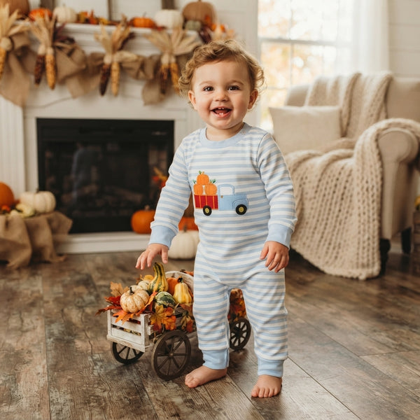 RTS LR1023 baby clothes pumpkin truck stripe print long sleeve romper
