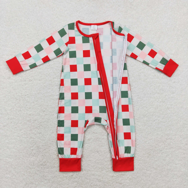 LR1197 RTS baby girl clothes zipper red plaid  baby winter romper-bamboo