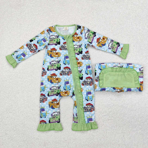 LR1623 RTS baby girl clothes ruffles green cartoon car toddler girl winter romper-bamboo