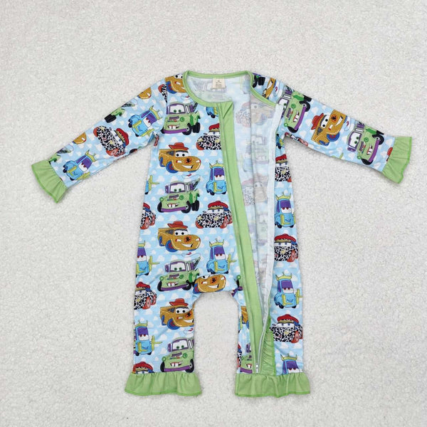 LR1623 RTS baby girl clothes ruffles green cartoon car toddler girl winter romper-bamboo