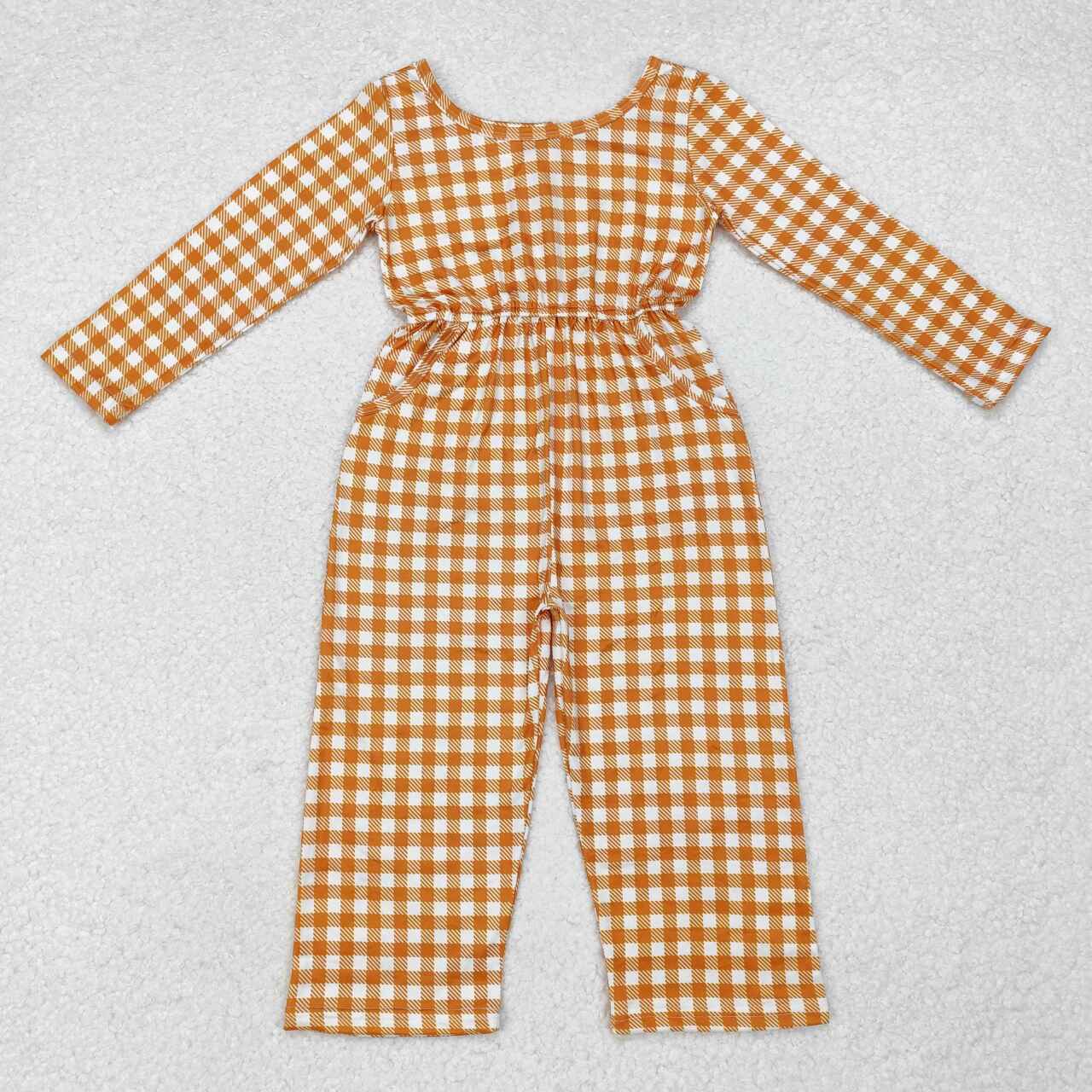 LR1840 RTS baby girl clothes orange plaid fall clothing  girl autumn  jumpsuit