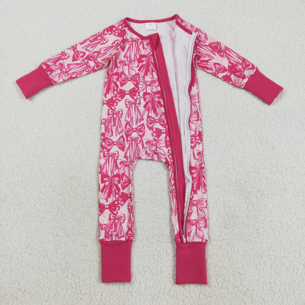 LR2365 RTS baby girl clothes hot pink bows girl winter  romper zip romper