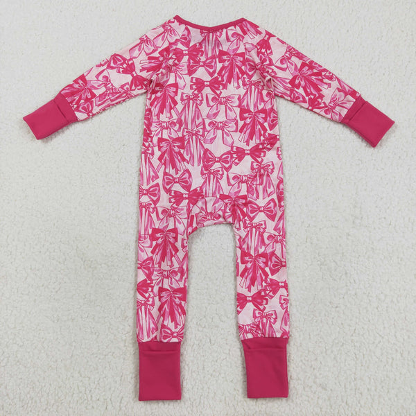 LR2365 RTS baby girl clothes hot pink bows girl winter  romper zip romper