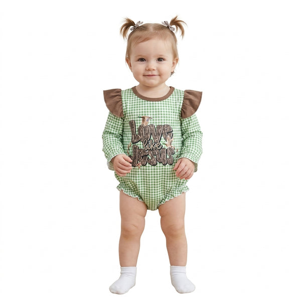 RTS LR2551 baby romper green gingham duck print long sleeve romper winter clothes