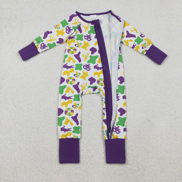 LR2637 RTS  baby girl clothes mardi gras girl winter romper zip romper