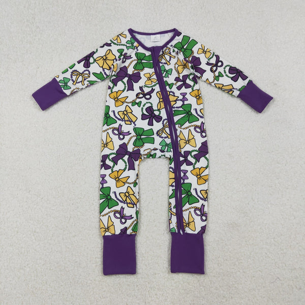 LR2678 RTS baby girl clothes Mardi Gras winter zip romper