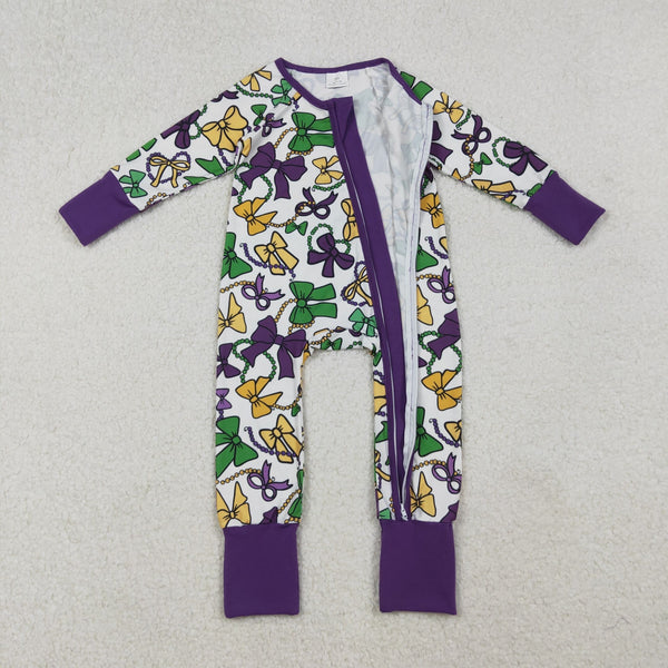 LR2678 RTS baby girl clothes Mardi Gras winter zip romper