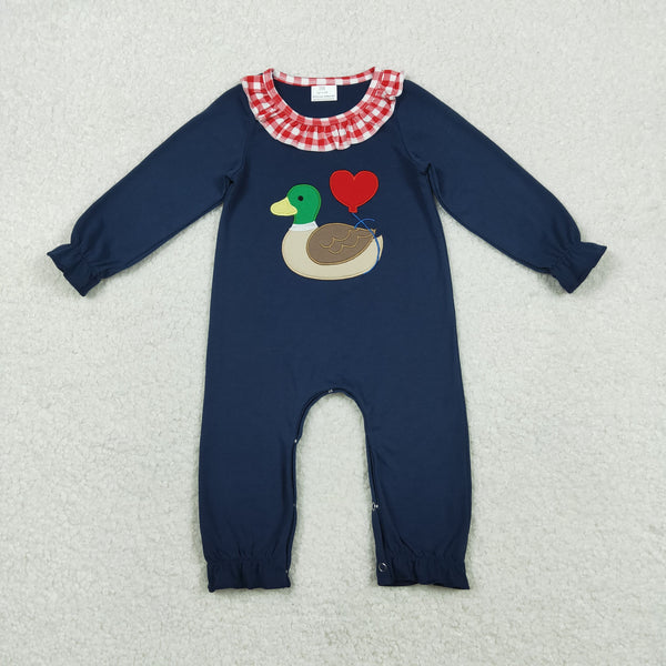 LR2720 RTS baby girl clothes mallard love girl valentine winter embroidery romper