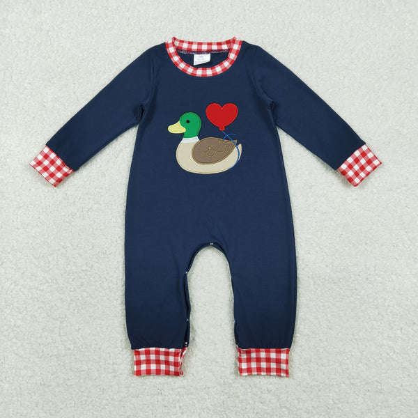 LR2721 RTS baby boy clothes mallard love boy valentine winter embroidery romper