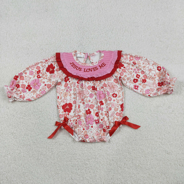LR2769 RTS baby girl clothes jesus loves me smocked winter bubble red floral romper onesie