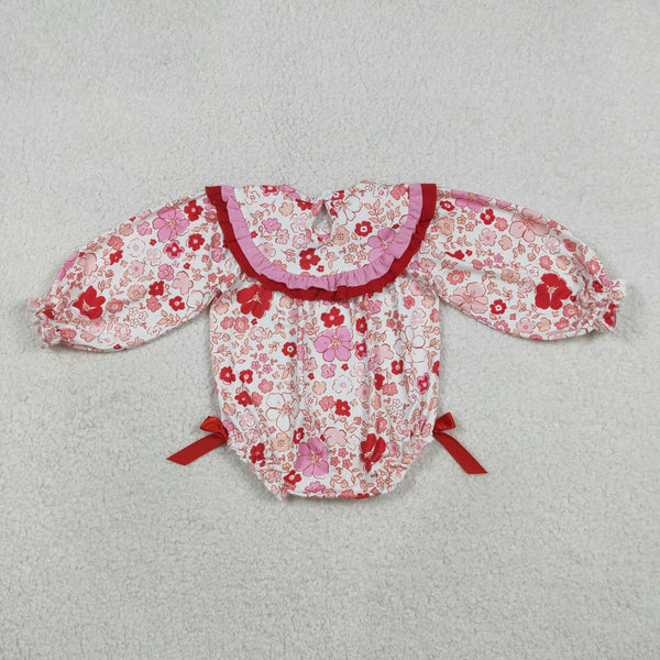 LR2769 RTS baby girl clothes jesus loves me smocked winter bubble red floral romper onesie