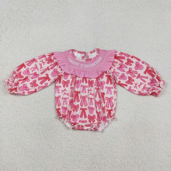 RTS LR2842 baby girl clothes daddy's valentine smocked pink bow girl winter bubble valentines day clothing