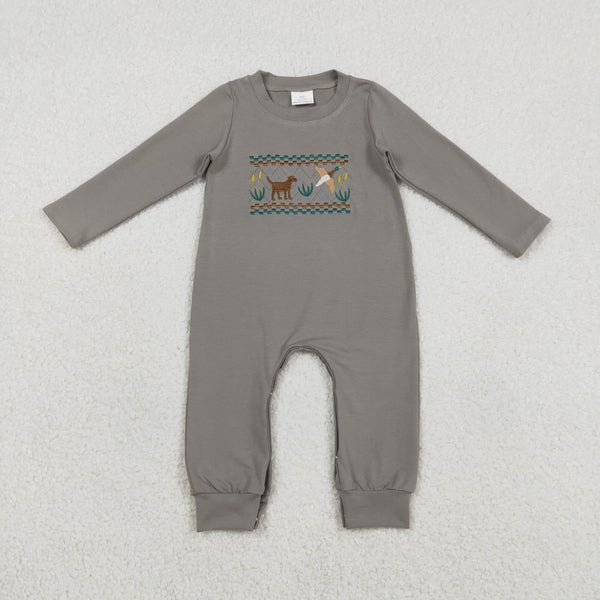 LR2909 RTS baby boy clothes dog mallrds hunting toddler boy winter romper embroidery