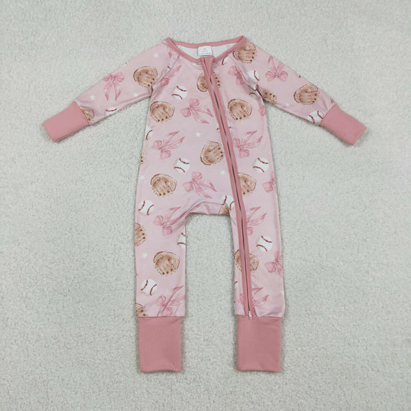 RTS LR2967 baby girl clothes pink bows baseball print toddler girl  winter romper