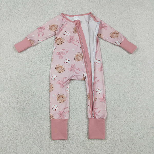 RTS LR2967 baby girl clothes pink bows baseball print toddler girl  winter romper