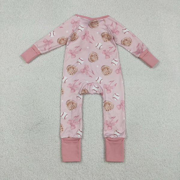 RTS LR2967 baby girl clothes pink bows baseball print toddler girl  winter romper